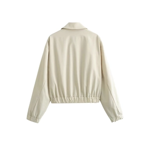 Vista posteriore di una giacca casual beige da donna con zip e orlo elasticizzato