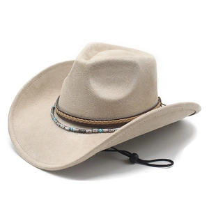 Beige faux suede western cowboy hat with turquoise beads and adjustable chin strap