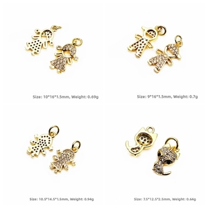 Micro-inset zircon gold charms featuring girl, boy and cat figures with exact dimensions