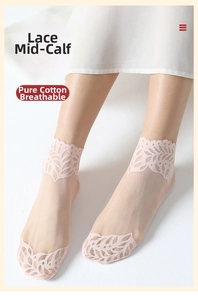 Detail of skin-toned lace crew socks with breathable mesh and cotton sole for women