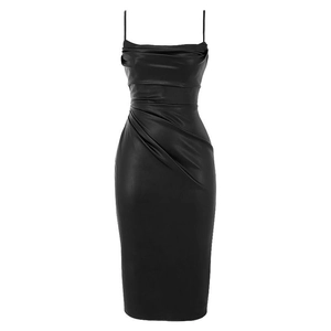 Robe de soirée sexy en cuir PU noir, coupe moulante avec détails plissés