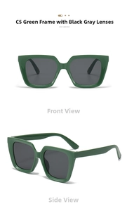 Detail view of bold square oversized sunglasses in solid green frame with grey lenses