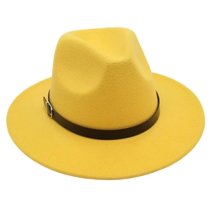 Detail shot of bright yellow felt fedora hat with black faux leather belt and metal buckle