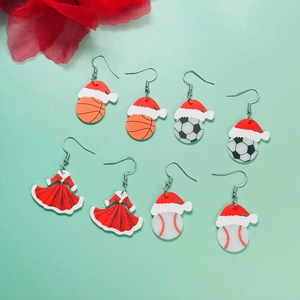 Christmas themed sports ball earrings with Santa hats and festive red skirt charms