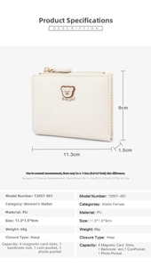 Detailed cream white PU wallet for women with bear embroidery and dimension markings