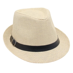 Detail of woven straw fedora hat featuring a black leather band and silver metal buckle