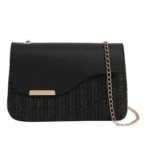 Black woven straw shoulder bag with PU leather flap and golden metal chain strap