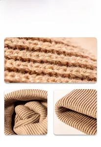 Macro view of beige ribbed knit texture with soft wool fibers and premium detailing