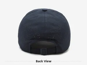 Detail view of lightweight blue baseball cap with laser-cut vents and adjustable buckle