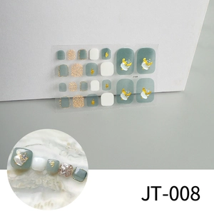 Detail of JT-008 3D toe nail stickers in morandi grey-green and gold glitter finish