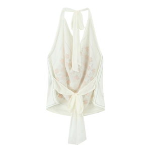 White floral halter top with back neck ties and lightweight satin texture on white background