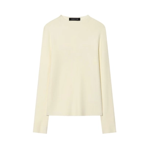 Detailed close-up of ivory slim-fit knit sweater with ribbed crew neck and brand label