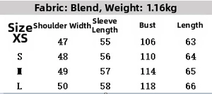 Detailed size chart showing measurements for faux fur jacket in XS to L sizes