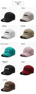 Detailed grid showing 9 colors of embroidered cotton baseball caps with curved brims