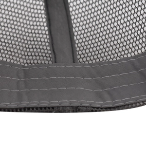 Macro shot of breathable grey mesh fabric with precise reinforced stitching on a baseball cap