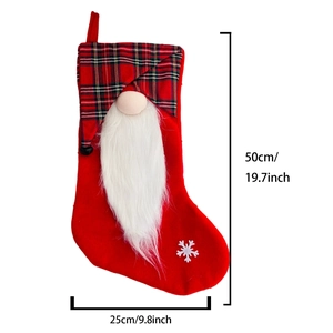 Detail showing dimensions of red plaid Christmas gnome stocking with white beard
