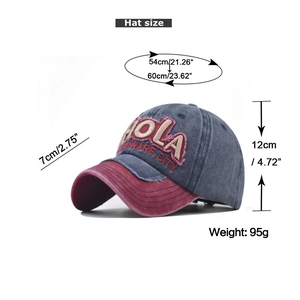 Retro BHOLA embroidered baseball cap with red and blue contrast colors and size details