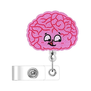 Detail of retractable badge reel featuring a pink glitter cartoon brain with metal clip