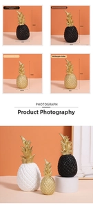 Detailed size comparison of resin pineapple ornaments in black, gold, and white finishes