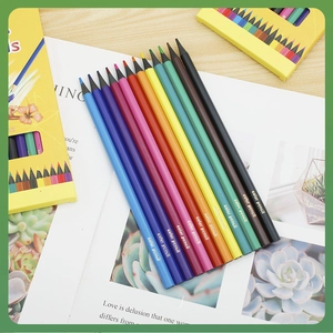 Set of 12 vibrant colored pencils with sleek black hexagonal barrels on a wooden desk