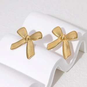 Bow Stud Earrings Stainless Steel 18K Gold Plated Textured Minimalist Fashion High End For Women