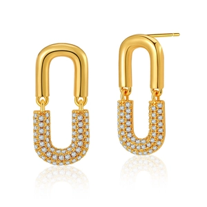 Minimalist gold plated double link hoop earrings with white cubic zirconia pavé