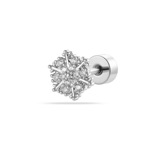 Elegant snowflake titanium steel stud earring with sparkling zircons on white background