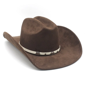 Close-up of brown faux suede cowboy hat with vintage metal studs on the decorative band