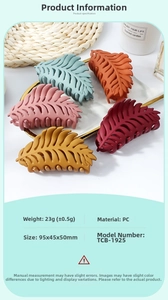Detailed view of matte leaf hair claw clips in five colors with dimensions and PC material