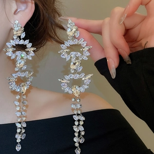 Detail of silver drop earrings featuring long rhinestone tassels and pear-shaped crystals