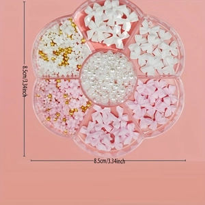 Petal-shaped case with 7 compartments of colorful bows, pearls and flowers, 8.5cm diameter