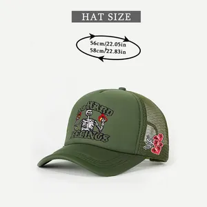 Size chart for army green trucker hat with skull embroidery, fitting 56cm to 58cm