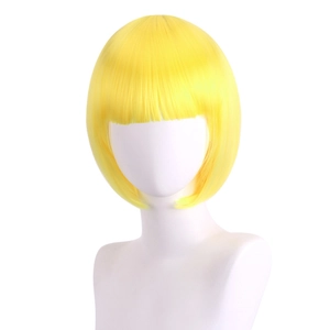 Detailed view of yellow bob wig with straight bangs on a white mannequin head