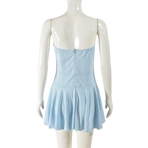 Close-up of sky blue strapless mini dress back with vertical rib texture and hidden zipper