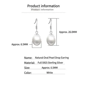 Elegant natural oval pearl earrings with S925 sterling silver hooks for women