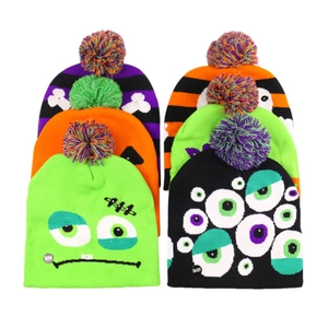 Halloween LED Light Up Knit Beanie Hat Pumpkin Ghost Skull Jacquard Acrylic Winter Warm Beanie For Party Women Men