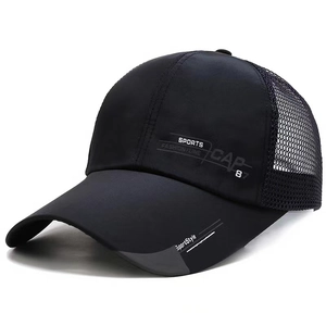 Side view of black breathable mesh baseball cap with stylish sports printed text