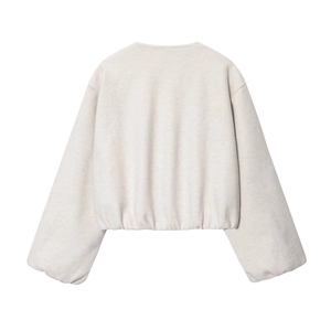 Rear view of a beige knitted bomber jacket with a cropped silhouette and elastic hem