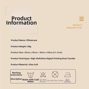 Specifications of the super soft cat pillow cover with sizing and digital printing details