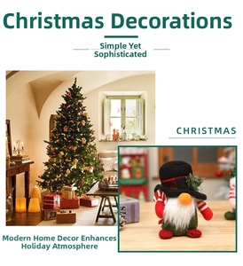 Close-up of Christmas gnome featuring a red plaid hat with pine needles and white beard