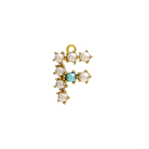 Detailed close-up of a gold-plated letter F pendant featuring pearls and a blue pearl accent
