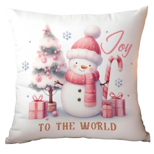 Detail of Christmas pillowcase with Joy To The World pink illustration and snowman print