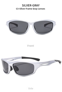 Front and side views of silver sports sunglasses with gray polarized lenses and cutout temples
