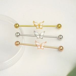 Industrial barbell butterfly earrings in gold, silver and rose gold with white zircon