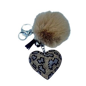 Leopard print heart keychain with brown pom pom, rhinestones and black tassel decor