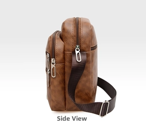 Side view of men's brown PU leather shoulder bag showing zipper compartments and strap