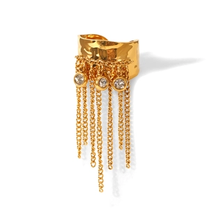 Detail of gold ear cuff with hammered texture, three zircon stones and hanging chain tassels