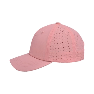 Detail view of pink quick-dry baseball cap with laser-cut side ventilation holes