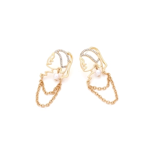 Vintage gold-tone face earrings with rhinestones, pearls and metal chain tassels