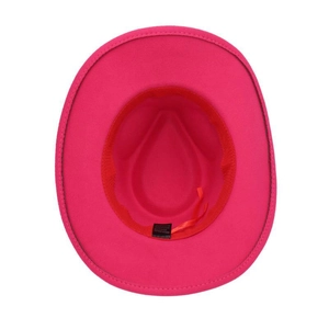 Detail of rose red fedora interior showing the 100% polyester sweatband and care label